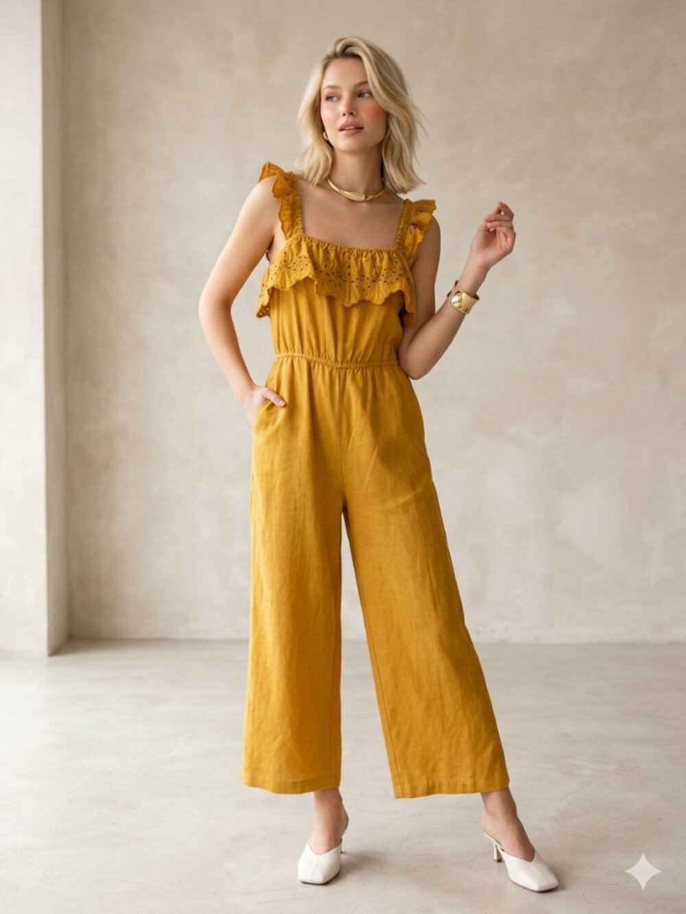 Forever 21 Mustard Yellow Eyelet Flounce Jumpsuit – Size S